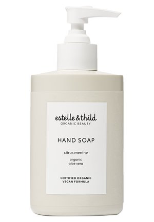 flacon de savon liquide pour les mains ; cylindrique, couleur crème avec une pompe blanche ; l'étiquette indique "menthe citronnée, aloe vera biologique, formule vegan certifiée biologique."