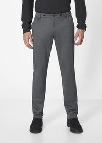 Gray tailored trousers with a smooth, textured fabric, featuring an elastic waistband with button closure, shown with black shoes.