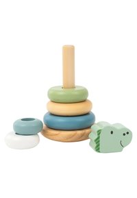 Wooden stacking toy with five rings in blue, green, and white; includes a green dinosaur figure. Characterized by smooth surfaces and rounded edges.