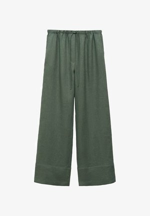 Green linen wide-leg trousers with a drawstring waist, featuring a smooth texture and a cropped hem.