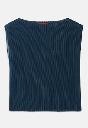 Dark blue, ribbed fabric top with a wide neckline and short sleeves. Straight cut with finished edges. No visible patterns or hardware.