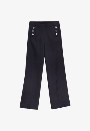Marineblaue Hosen mit weitem Bein, hoher Taille und je zwei vertikalen Knopfdetails an beiden Seiten nahe dem Bund.