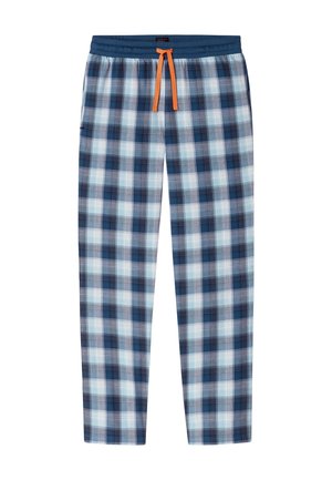 Pantaloni della pigiama da uomo a quadretti blu e bianchi con vita blu scuro e coulisse arancione, taglio a gamba dritta, stile casual per il sonno.