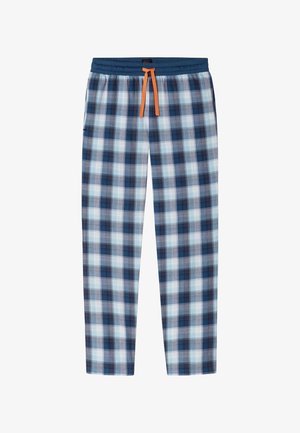 Pantaloni della pigiama da uomo a quadretti blu e bianchi con vita blu scuro e coulisse arancione, taglio a gamba dritta, stile casual per il sonno.