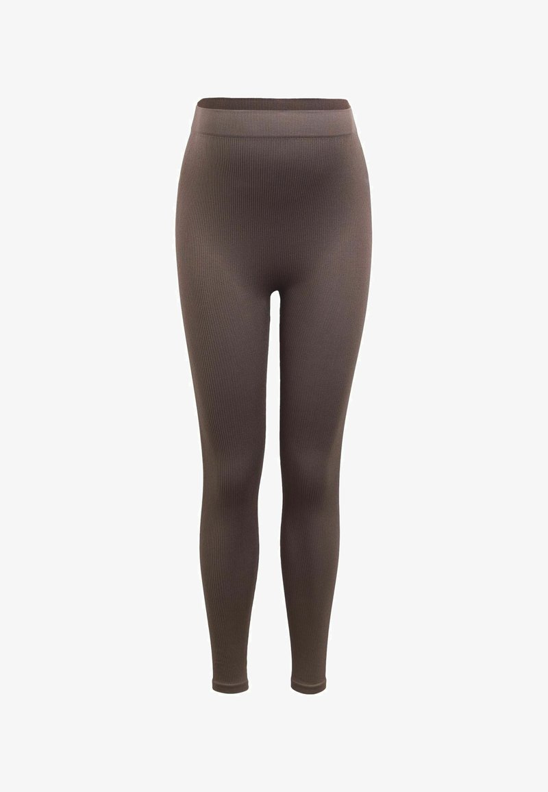 Leggings marron côtelés à taille haute avec une coupe slim et une longueur cheville, présentés sur un fond blanc uni.