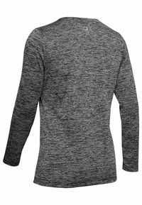 Langarmshirt aus heather-grauem Stoff, mit einem runden Ausschnitt und einer glatten Textur, minimaler Branding am Rücken.