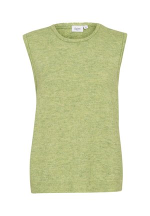 Bez piedurknēm zaļš adīts tops ar aproundo kaklu, izgatavots no mīksta materiāla ar smalku heather efektu un ribotu apakšmalu.