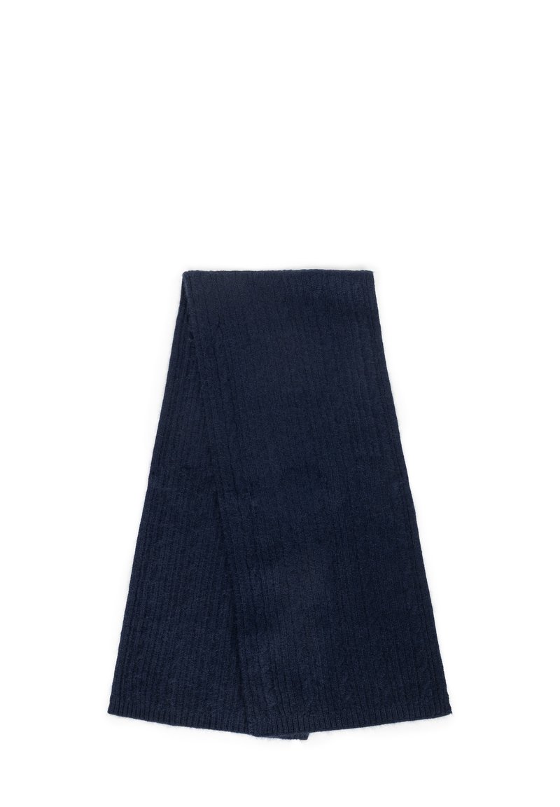 Granatowy, prążkowany szalik wykonany z miękkiej tkaniny, prostokątny kształt, z teksturowaną powierzchnią oraz delikatnymi detalami wzoru.