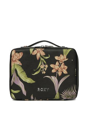 Zwarte rechthoekige tas met rits, een klein handvat en tropische bloemmotieven in groen, paars en perzik, met het merk "ROXY" aan de voorkant.