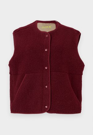 Vesta din fleece fără mâneci de culoare burgundă, cu capse pe față și două buzunare frontale, guler rotund.