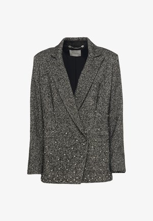 Grauer Tweed-Blazer mit strukturierter Silhouette, ausgestattet mit Perlenakzenten und einer doppelt geknöpften Front. Die eingefassten Revers runden das Design ab.