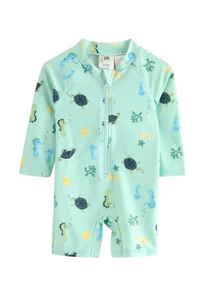 Hellgrüner Badeanzug für Kleinkinder mit langen Ärmeln, durchgehendem Reißverschluss vorne und Drucken von Schildkröten, Seepferdchen, Fischen, Seesternen und Korallen.