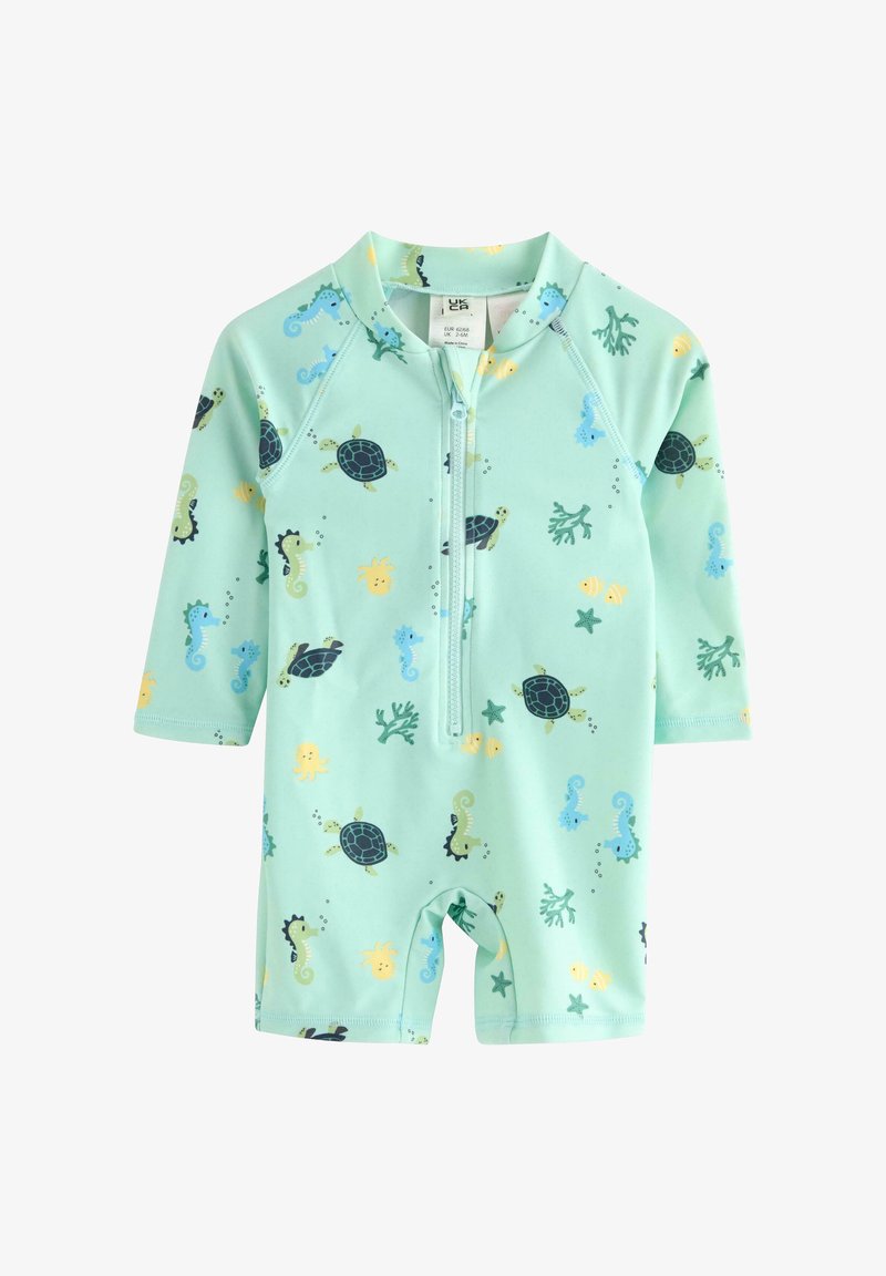 Maillot de bain pour tout-petit vert clair à manches longues, avec fermeture éclair à l'avant et imprimés de tortues, hippocampes, poissons, étoiles de mer et coraux.