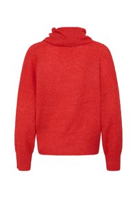 Pull en laine rouge à col roulé avec manches longues et poignets côtelés, vu de dos sur fond blanc.