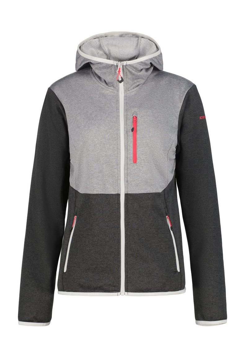 Giacca con cappuccio caratterizzata da un design a blocchi di colore grigio e nero, realizzata in tessuto testurizzato, con dettagli in rosso sulla cerniera e una chiusura frontale a zip completa.