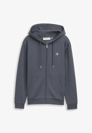 Hanorac gri închis cu fermoar, buzunare frontale, glugă cu șnur și un mic logo alb pe partea stângă a pieptului.