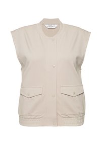 Beżowa kamizelka bez rękawów wykonana z miękkiego materiału, z kołnierzem stójką, zatrzaskami oraz dwoma przednimi naszywanymi kieszeniami z dopasowanymi okuciami.
