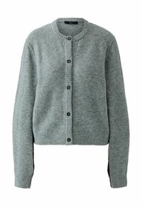 Lichtgrijze, lange mouwen wol cardigan met ronde halslijn, geribde manchetten en zoom, en vijf zwarte knopen aan de voorkant.