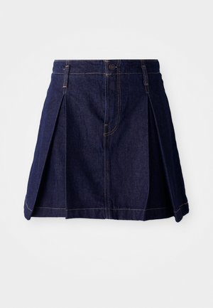 Tamno plavi traper suknja s plitkim naborima, zatvaranjem na dugme i kontrastnim šavovima. Jednostavan dizajn s lepršavim oblikom i srednjom dužinom.