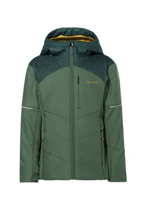Grüne gesteppte Jacke mit Kapuze, Frontreißverschluss, zwei Seitentaschen und gelbem Logo auf der Brust, für den Außeneinsatz konzipiert.