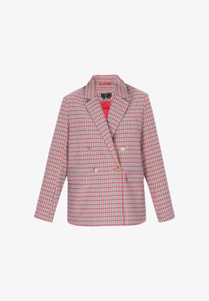 Topelt nööpidega bleiser roosa, sinise ja halli koerahammaste mustriga. Omab sälgustatud kraed ja hõbedasi nuppe, kontrastse sisevoodriga.