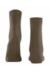 Braune Baumwollsocken mit einem gerippten Bündchen, die eine glatte Textur und eine verstärkte Ferse aufweisen, aus Front- und Rückansicht präsentiert.