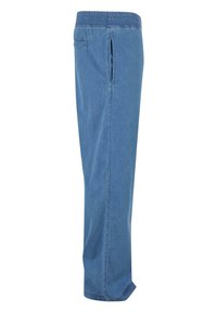 Lyseblå denimbukser med elastisk talje, der har sidelommer og lige ben-design, lavet af blødt bomuldsmateriale.