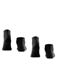 Schwarze Baumwollsocken in vier Positionen präsentiert. Merkmale umfassen einen gerippten Bund, eine nahtlose Zehenpartie und eine glatte Textur.