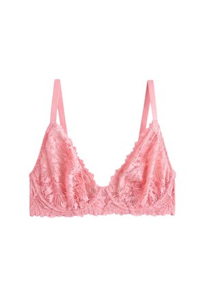 Roze kanten bralette met dunne verstelbare bandjes en gegolfde randen, met een bloemen kanten patroon en driehoek cups.