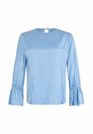 Himmelblaue Satinbluse mit langen Ärmeln, gerafften Manschetten, Rundhalsausschnitt und einem Schlüssellochverschluss hinten mit einem kleinen Knopf.