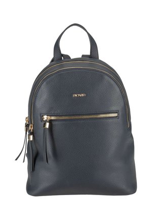 Petit sac à dos en cuir noir avec des fermetures éclair dorées, une poche avant zippée, une poignée supérieure et des bretelles ajustables.