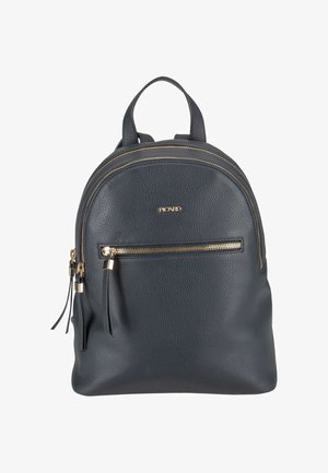 Kleiner schwarzer Leder-Rucksack mit goldfarbenen Reißverschlüssen, einer vorderen Reißverschlusstasche, einem oberen Tragegriff und verstellbaren Schultergurten.