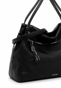 Black leather handbag with a slouchy design, zippered pocket, and silver hardware accents. Features two shoulder straps and a shiny logo.