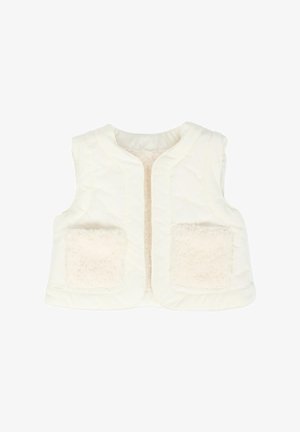 Gewatteerde mouwloze vest in off-white, met twee voorste opgestikte zakken met een zachte, pluizige voering. Glad buitenmateriaal met een ronde halslijn.