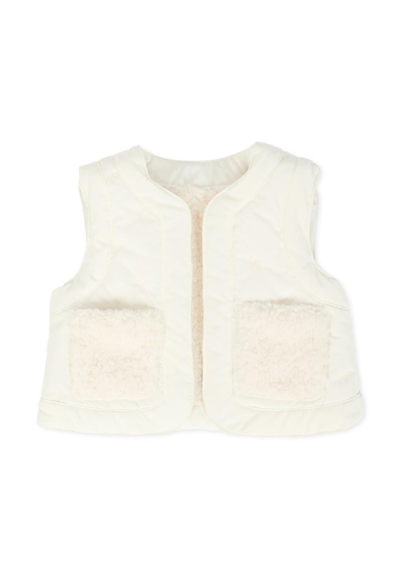 Gilet imbottito senza maniche in bianco sporco, con due tasche applicate anteriori foderate in morbido e soffice materiale. Tessuto esterno liscio con scollatura arrotondata.