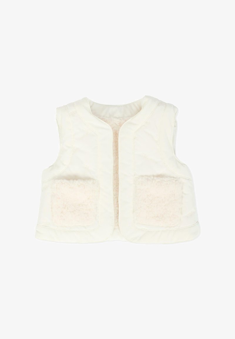 Padded sleeveless vest w kolorze ivory, z dwoma naszytymi kieszeniami z przodu, wykończonymi miękkim, puszystym materiałem. Gładka tkanina zewnętrzna z okrągłym dekoltem.