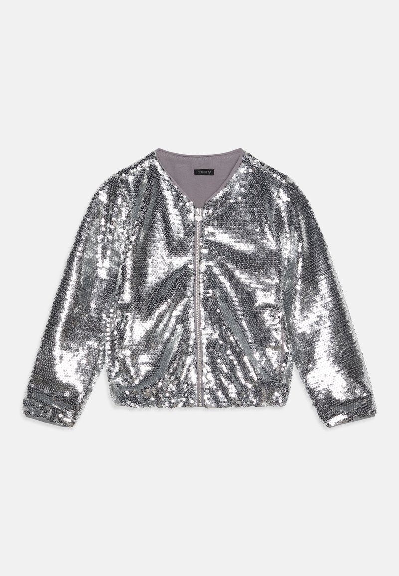 Blouson bomber à manches longues en sequins argentés avec fermeture éclair à l'avant et encolure ronde, posé à plat sur un fond clair.