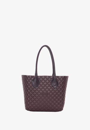 Borsa a tracolla di un morbido colore viola scuro con due manici arrotondati e il logo "O bag" impresso al centro sul fronte.