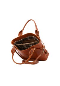 Sac à main en cuir tan avec un design structuré, dotée de deux poignées, d'un intérieur à carreaux et de plusieurs compartiments pour l'organisation.
