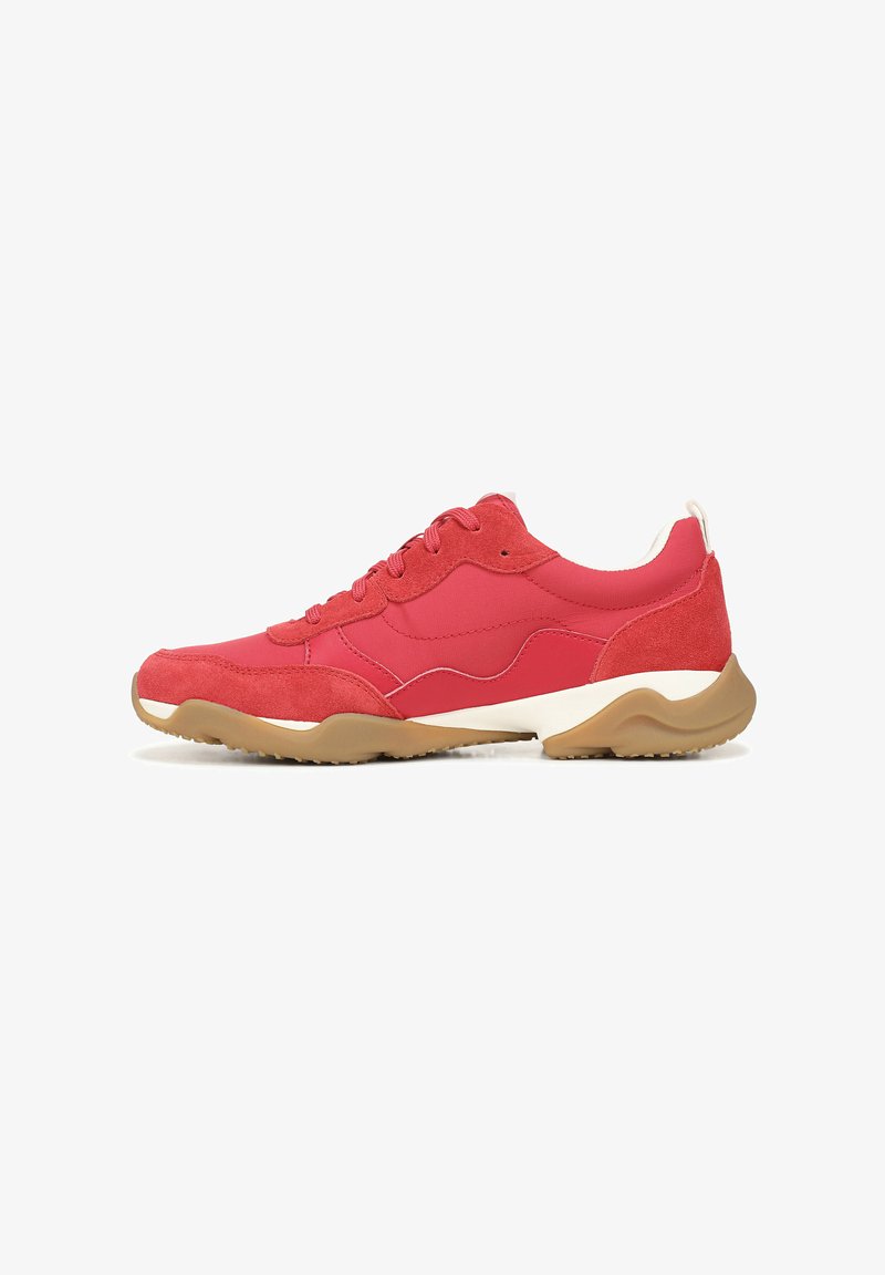 Red sneaker featuring a mix of suede and textile material. Curved white sole with a textured beige bottom, rounded toe, and lace-up design.