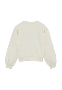 Krém színű, laza szabású pulóver ballonujjakkal és bordázott szegéllyel. Puha anyag, sima tapintású felülettel.