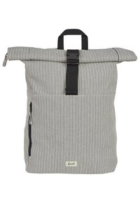 Zaino in tessuto a righe con design a roll-top, dotato di una fibbia nera, tasca frontale con zip e una zip laterale per l'accesso.