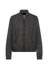 Grå bomberjacka i texturerad tyg, med dragkedja framtill, ribbad krage och fickor med subtila sömdetaljer.