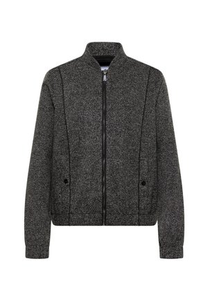 Giacca bomber grigia realizzata in tessuto testurizzato, con chiusura a zip frontale, colletto a coste e tasche con dettagli di cucitura di sottile fattura.