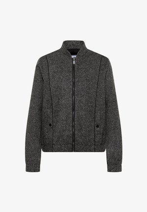 Šedá bombardérka vyrobená z texturované látky, s předním zipem, žebrovaným límcem a kapsami s jemným švy.