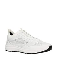Weißer Sportschuh mit atmungsaktivem Mesh-Obermaterial und durchbrochenen Details, leichtem Design und schwarzer Gummisohle.