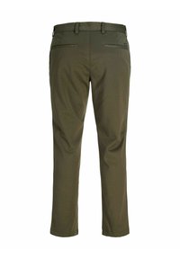Pantalons vert olive en tissu flexible. Présentent une texture lisse, des passants de ceinture et deux poches arrière avec fermeture éclair. Design uni.