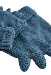 Blaue gestrickte Handschuhe mit gerippten Bündchen und strukturierten, runden Spitzen, die an Krallen erinnern. Weiches Material mit einem gemütlichen, chunky Aussehen.