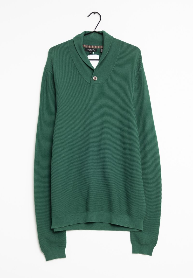 Grüner gerippter Pullover mit Schalkragen, ausgestattet mit einer Knopfverschluss und langen Ärmeln. Der Stoff hat eine weiche Textur und einen geraden Saum.