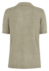 Kortärmad pikétröja i ljus olivgrönt stickat tyg, med klassisk krage, slät textur och ribbad nederkant samt ärmslut.